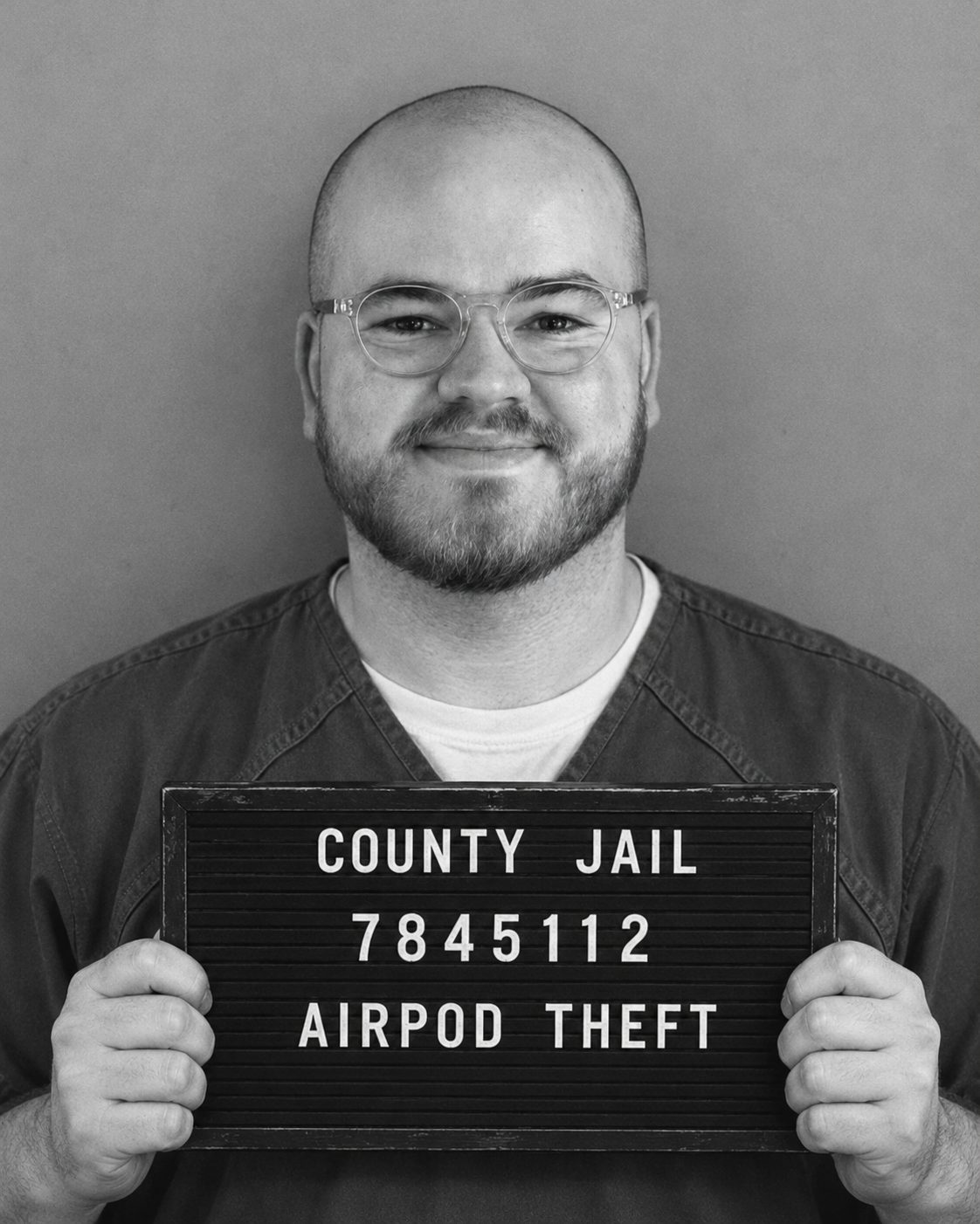 Black-and-white parody mugshot of the fictional AirPod Bandit wearing glasses and holding an AIRPOD THEFT booking placard